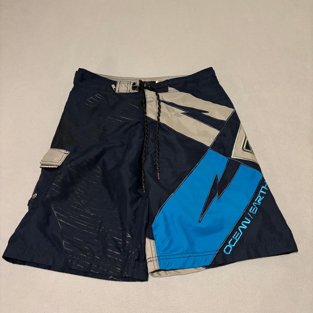 Ocean and Earth Mens Blue Lightning Bolt Board Shorts Swim Trunks Size Medium